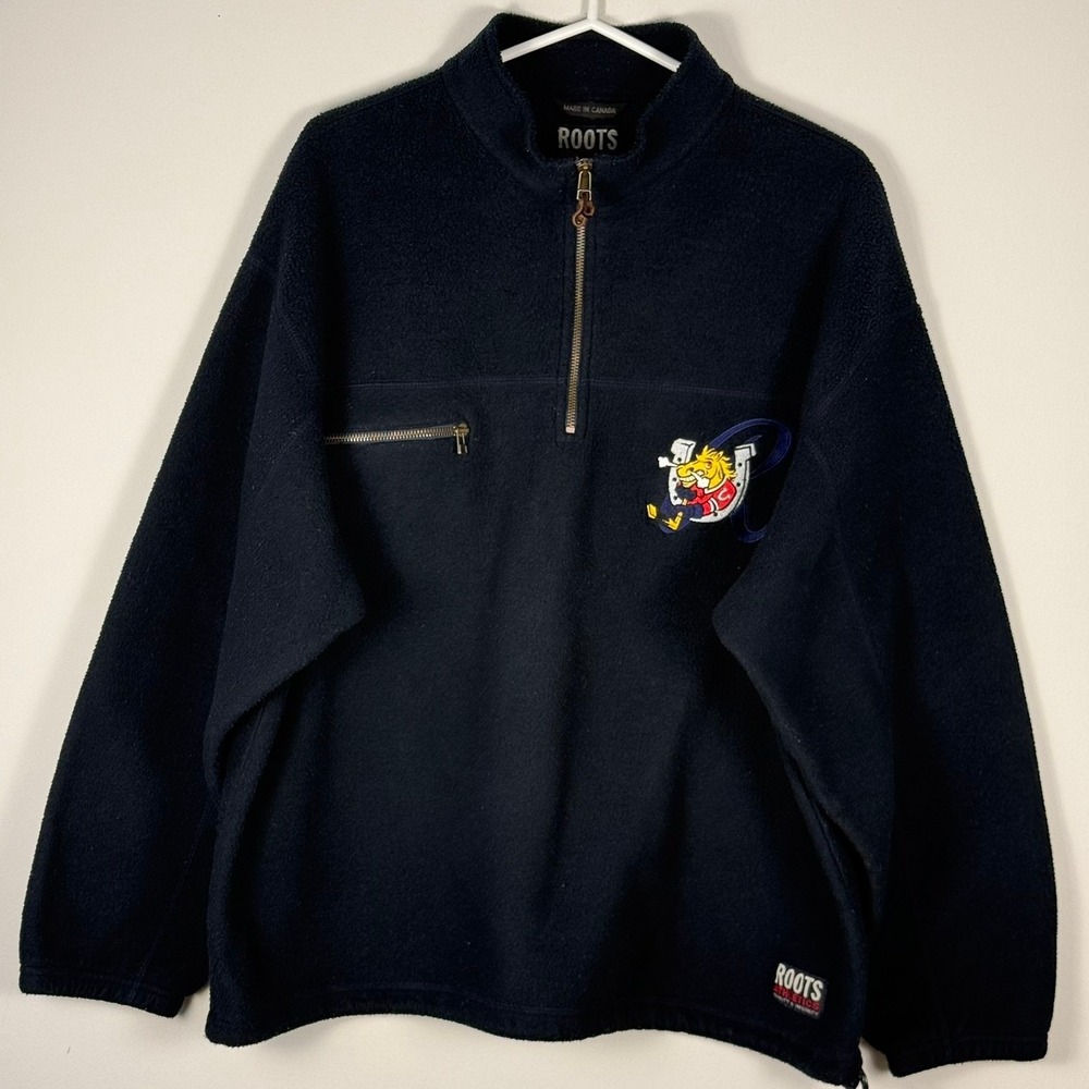 Vintage 90s Roots Barrie Colts OHL Hockey Fleece Quarter Zip Made in Canada L-XL